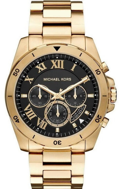 Michael Kors Brecken Chronograph Quartz Black Dial Gold Steel Strap Watch For Men - MK8481 Authentic Buy Shop Now