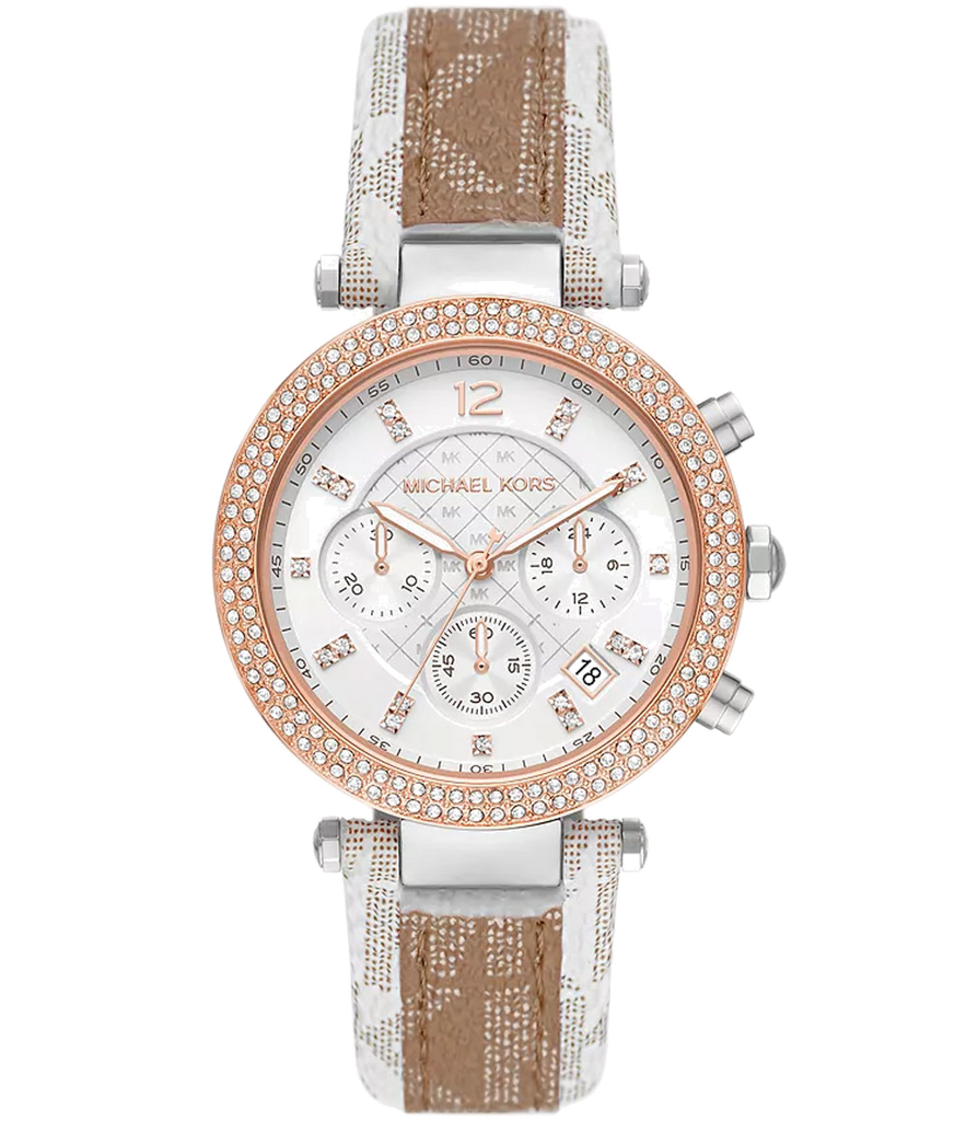 Michael Kors Parker Chronograph White Dial Two Tone Leather Strap Watch For Women - MK6950 Authentic Buy Shop Now