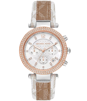 Michael Kors Parker Chronograph White Dial Two Tone Leather Strap Watch For Women - MK6950 Authentic Buy Shop Now