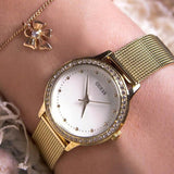 Guess Chelsea Crystals Mother of Pearl White Dial Gold Mesh Bracelet Watch For Women - W0647L7 Authentic Buy Shop Now