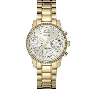 Guess Mini Sunrise Diamonds Silver Dial Gold Steel Strap Watch for Women - W0623L3 Authentic Buy Shop Now