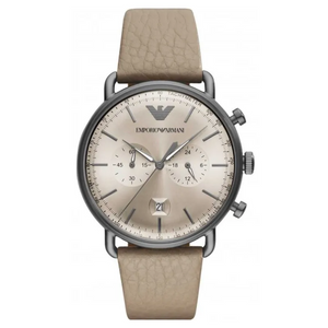 Emporio Armani Aviator Chronograph Quartz Grey Dial Beige Leather Strap Watch For Men - AR11107 Authentic Buy Shop Now