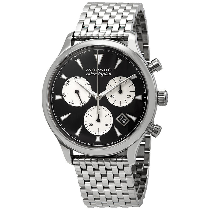 Movado Heritage Calendoplan Chronograph Black Dial Silver Steel Strap Watch for Men - 3650014 Authentic Buy Shop Now