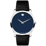 Movado Museum Blue Dial Black Leather Strap Watch For Men - 607013 Authentic Buy Shop Now
