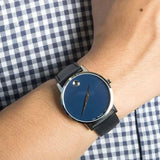 Movado Museum Classic Blue Dial Black Leather Strap Watch for Men - 0607197 Authentic Buy Shop Now