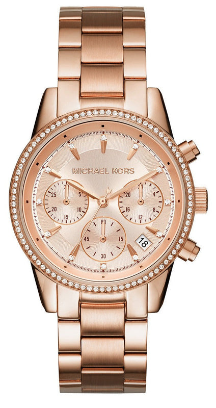 Michael Kors Ritz Chronograph Rose Gold Dial Rose Gold Steel Strap Watch for Women - MK6357 Authentic Buy Shop Now