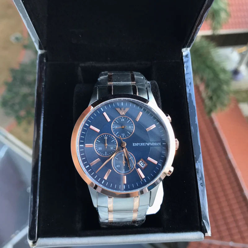 Emporio Armani Renato Chronograph Blue Dial Two Tone Steel Strap Watch For Men - AR80025 Authentic Buy Shop Now