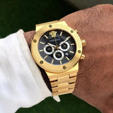 Versace Greca Chronograph Black Dial Gold Steel Strap Watch For Men - VEZ900421 Authentic Buy Shop Now