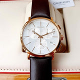 Calvin Klein Posh Chronograph White Dial Brown Leather Strap Watch for Men - K8Q376G6 Authentic Buy Shop Now