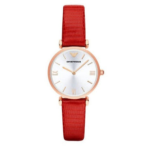 Emporio Armani Gianni T Bar Silver Dial Red Leather Strap Watch For Women - AR1876 Authentic Buy Shop Now