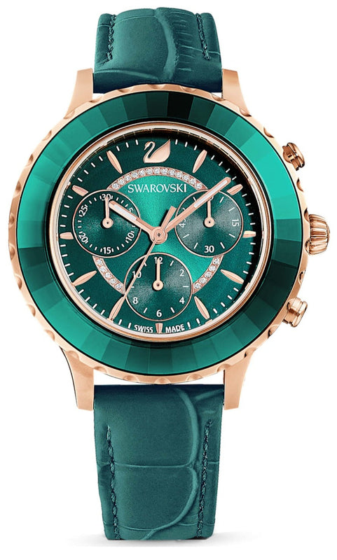 Swarovski Octea Lux Chrono Emerald Green Dial Green Leather Strap Watch for Women - 5452498 Authentic Buy Shop Now
