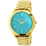 Michael Kors Slim Runway Blue Mother of Pearl Dial Gold Steel Strap Watch for Women - MK3492 Authentic Buy Shop Now