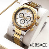 Versace Classic Chronograph Quartz Silver Dial Two Tone Steel Strap Watch For Men - VEV700519 Authentic Buy Shop Now