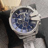 Diesel Mega Chief Chronograph Blue Dial Silver Steel Strap Watch For Men - DZ4417 Authentic Buy Shop Now
