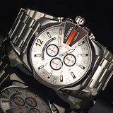 Diesel Mega Chief Chronograph White Dial Silver Steel Strap Watch For Men - DZ4328 Authentic Buy Shop Now