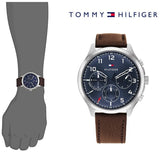 Tommy Hilfiger Asher Chrongraph Blue Dial Brown Leather Strap Watch For Men - 1791855 Authentic Buy Shop Now