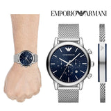 Emporio Armani Luigi Chronograph Blue Dial Silver Mesh Bracelet Watch For Men - AR80038 Authentic Buy Shop Now