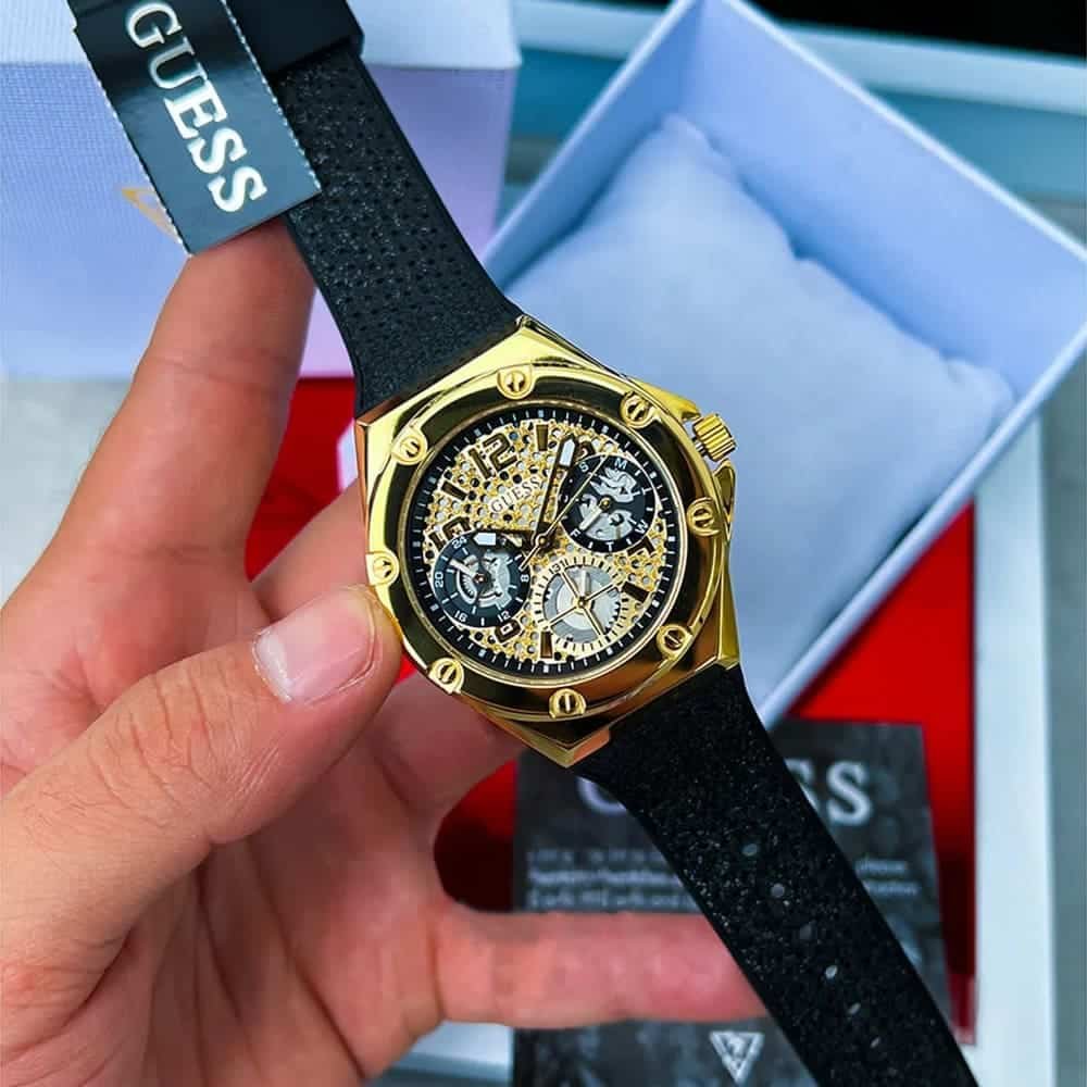 Guess Asteria Multifunction Gold Dial Black Rubber Strap Watch For Women - GW0620L2 Authentic Buy Shop Now