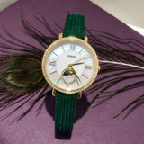 Fossil Jacqueline Multifunction Moonphase Mother of Pearl White Dial Green Leather Strap Watch for Women - ES5244 Authentic Buy Shop Now