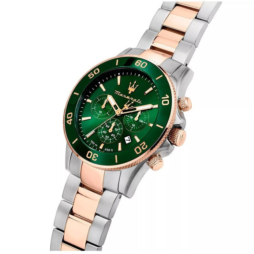 Maserati Competizione Chronograph Green Dial Two Tone Steel Strap Watch For Men - R8873600004 Authentic Buy Shop Now