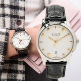 Gucci G Timeless Automatic Silver Dial Black Leather Strap Unisex Watch - YA126468 Authentic Buy Shop Now