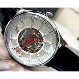 Emporio Armani Meccanico Silver Skeleton Dial Black Leather Strap Watch For Men - AR2072 Authentic Buy Shop Now