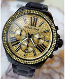 Michael Kors Wren Chronograph Gold Dial Black Steel Strap Watch for Women - MK5961 Authentic Buy Shop Now