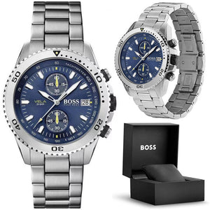 Hugo Boss Vela Chronograph Diver Blue Dial Silver Steel Strap Watch for Men - 1513775 Authentic Buy Shop Now