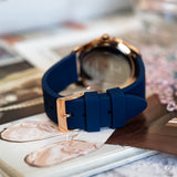 Guess Cubed Analog Rose Gold Dial Blue Leather Strap Watch For Women - GW0665L2 Authentic Buy Shop Now