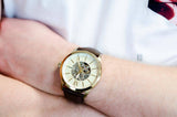 Fossil Flynn Mechanical Skeleton Beige Dial Brown Leather Strap Watch for Men - BQ2215 Authentic Buy Shop Now