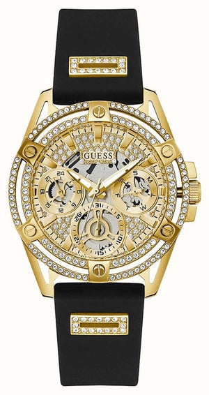 Guess Queen Quartz Gold Dial Black Silicone Strap Watch For Women - GW0536L3 Authentic Buy Shop Now