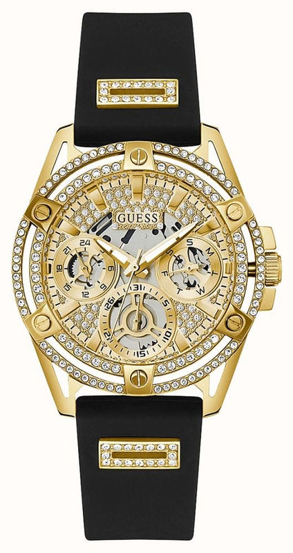 Guess Queen Quartz Gold Dial Black Silicone Strap Watch For Women - GW0536L3 Authentic Buy Shop Now