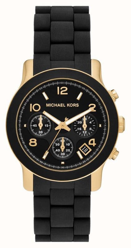 Michael Kors Runway Chronograph Black Dial Black Silicone Strap Watch For Women - MK7385 Authentic Buy Shop Now