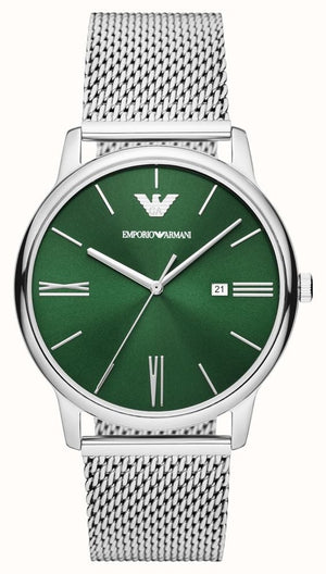 Emporio Armani Minimalist Quartz Green Dial Silver Mesh Bracelet Watch For Men - AR11578 Authentic Buy Shop Now