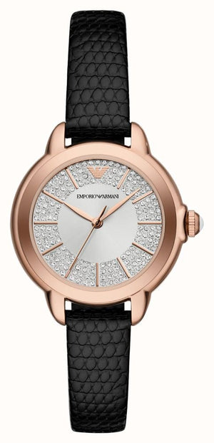Emporio Armani Mia Three Hand Crystals Silver Dial Black Leather Strap Watch For Women - AR11631 Authentic Buy Shop Now