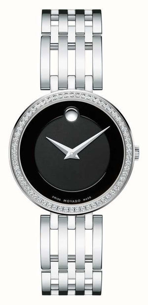 Movado Esperanza 63 Diamonds Black Dial Silver Steel Strap Watch For Women - 0607052 Authentic Buy Shop Now