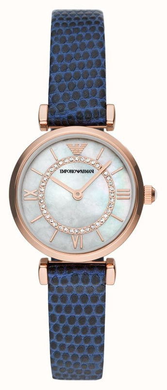 Emporio Armani Gianni T-Bar Analog Mother of Pearl Dial Blue Leather Strap Watch For Women - AR11468 Authentic Buy Shop Now
