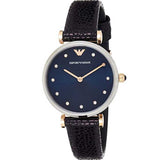 Emporio Armani Gianni T Bar Analog Blue Dial Black Leather Strap Watch For Women - AR1989 Authentic Buy Shop Now