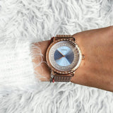 Guess Willow Crystal Blue Dial Rose Gold Mesh Bracelet Watch For Women - W0836L1 Authentic Buy Shop Now