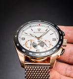 Maserati Traguardo 45mm Chronograph Rose Gold Mesh Strap White Dial Watch For Men - R8873612011 Authentic Buy Shop Now