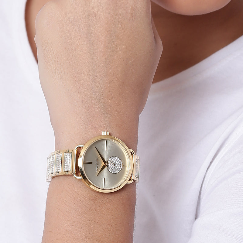 Michael Kors Portia Three-Hand Crystals Gold Dial Gold Steel Strap Watch for Women - MK4602 Authentic Buy Shop Now