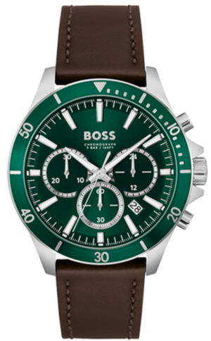Hugo Boss Troper Chronograph Green Dial Brown Leather Strap Watch For Men - 1514098 Authentic Buy Shop Now