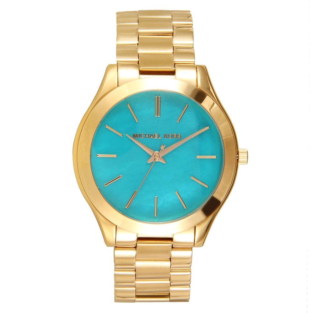 Michael Kors Slim Runway Blue Mother of Pearl Dial Gold Steel Strap Watch for Women - MK3492 Authentic Buy Shop Now