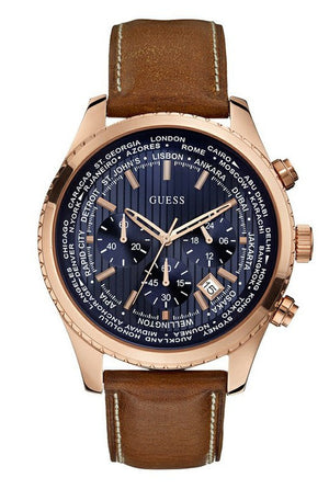 Guess Persuit Chronograph Blue Dial Brown Leather Strap Watch for Men - W0500G1 Authentic Buy Shop Now