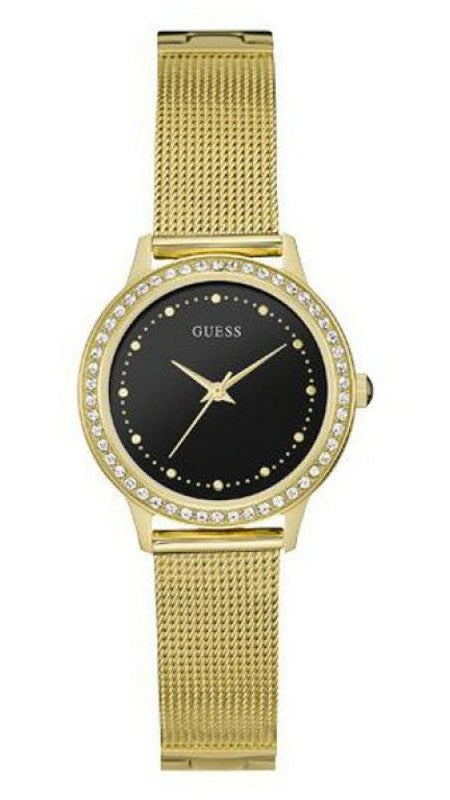 Guess Chelsea Crystals Black Dial Gold Mesh Bracelet Watch For Women - W0647L8 Authentic Buy Shop Now