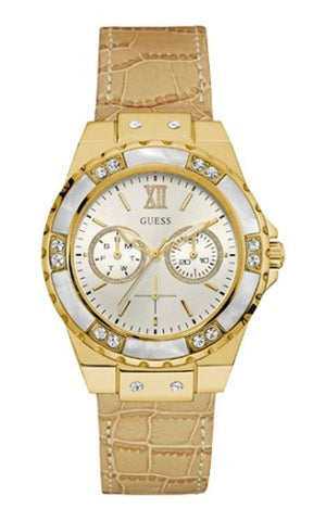 Guess Limelight Quartz Silver Dial Golden Leather Strap Watch For Women - W0775L2 Authentic Buy Shop Now