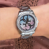 Guess G Twist Diamonds Purple Dial Black Steel Strap Watch For Women - W1201L4 Authentic Buy Shop Now