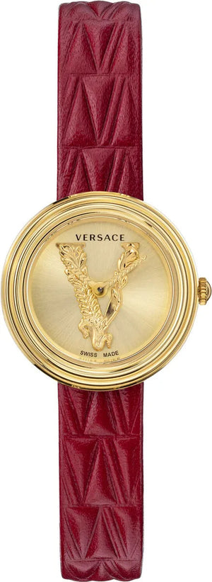 Versace Virtus Mini Quartz Gold Dial Red Leather Strap Watch For Women - VET300521 Authentic Buy Shop Now