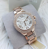 Michael Kors Camille Chronograph White Dial Rose Gold Steel Strap Watch For Women - MK6995 Authentic Buy Shop Now