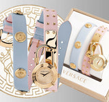 Versace Medusa Lock Icon Quartz Gold Dial Pink & Blue Leather Strap Watch For Women - VEDW00219 Authentic Buy Shop Now